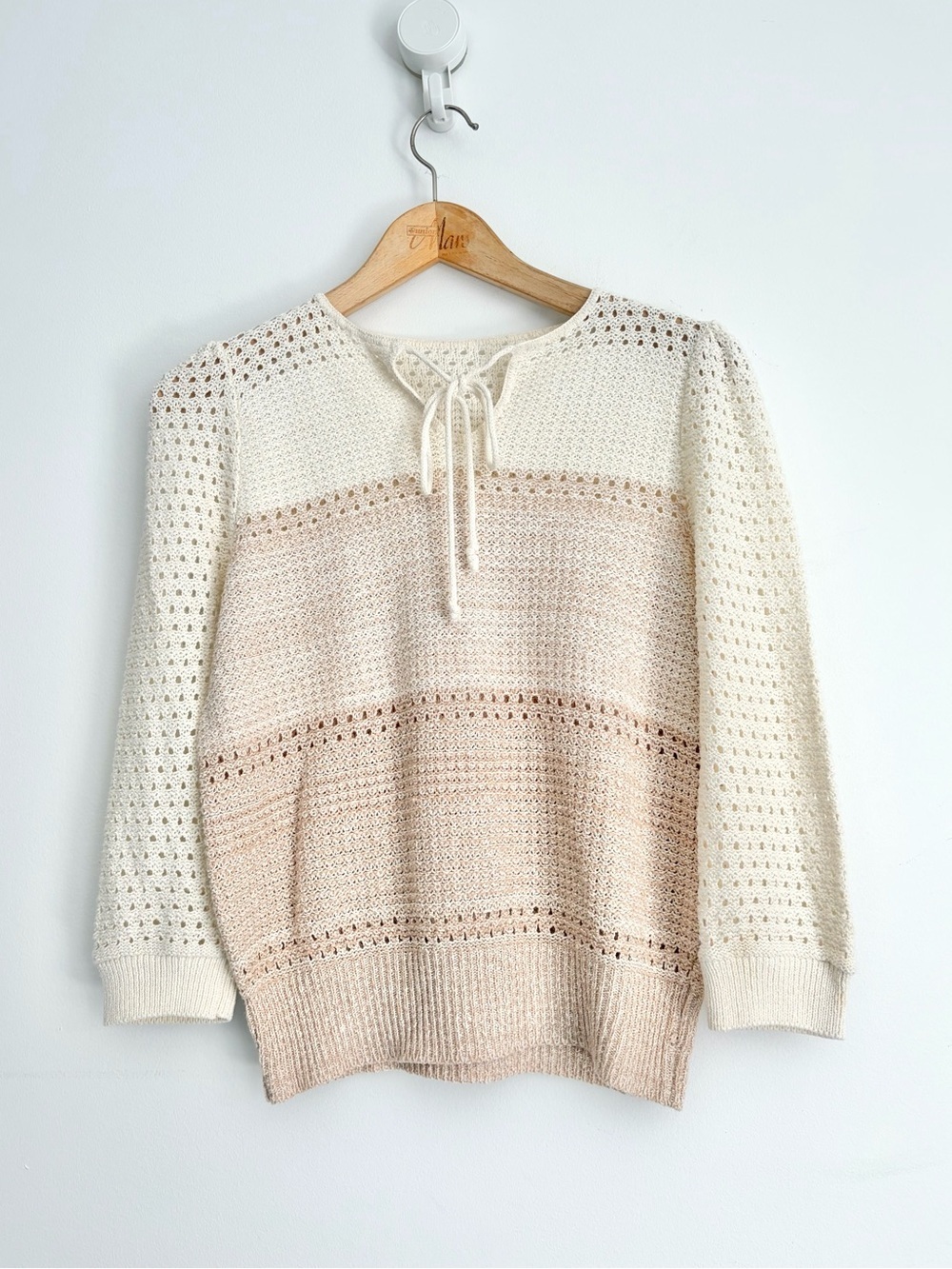 Vintage 70s Prairiecore Boho Crochet Open Knit Tie Neck Sweater M